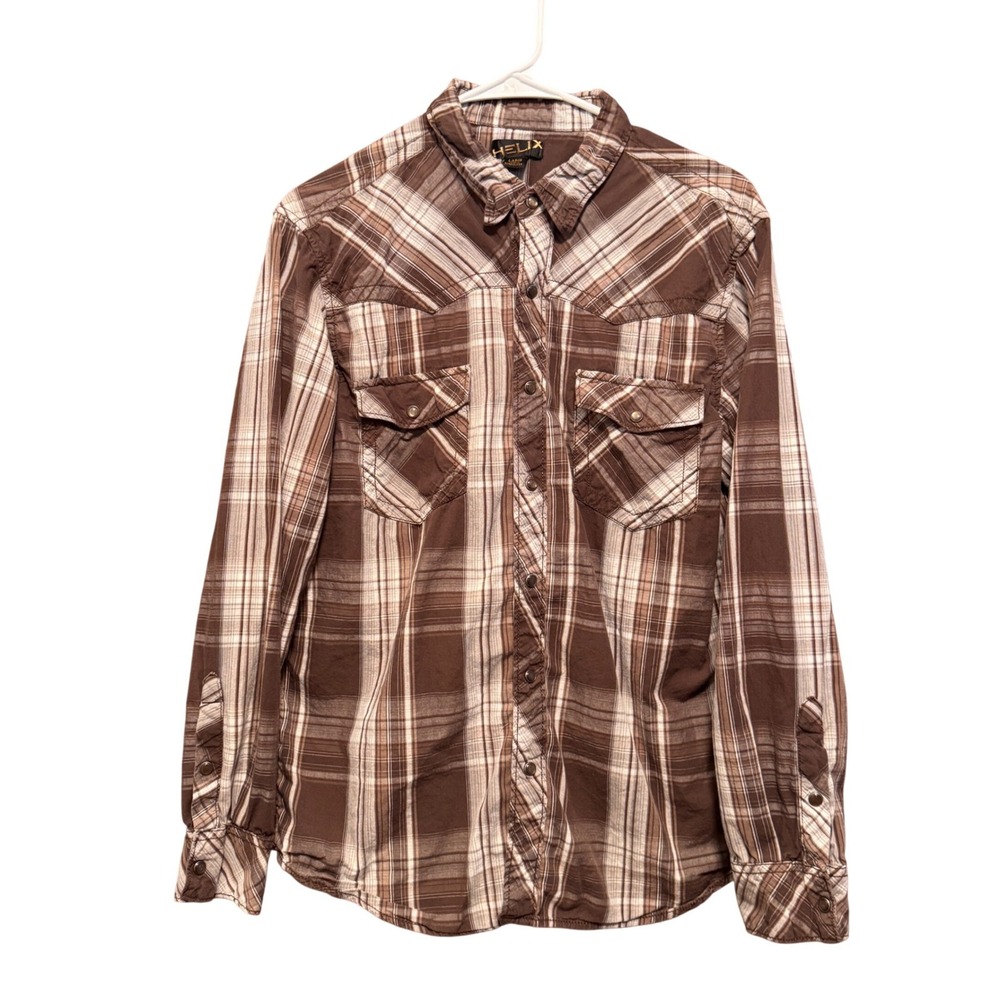Helix‎ Mens Brown Plaid Western Pearl Snap Shirt Long Sleeve Cotton Large